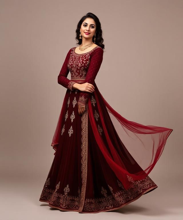 Maroon floor-length anarkali palazzo suit with gold zari