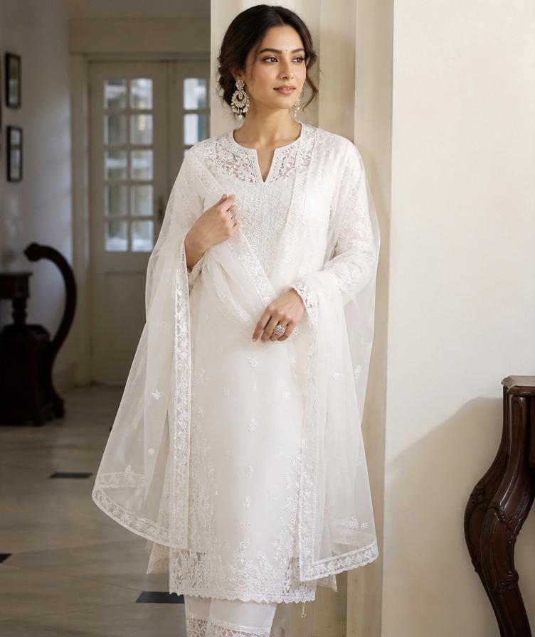 White chikankari hand-embroidered Lucknowi kurta