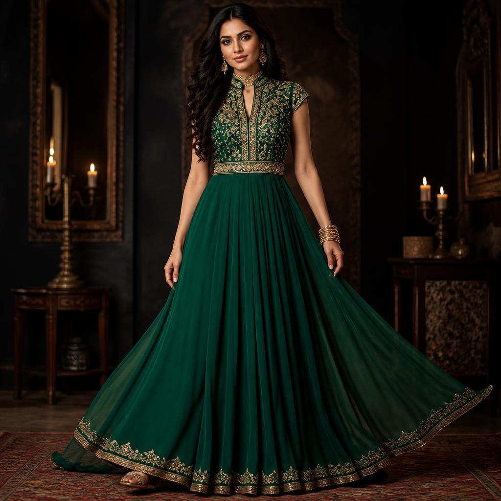 Emerald green georgette party wear anarkali with gold sequin work