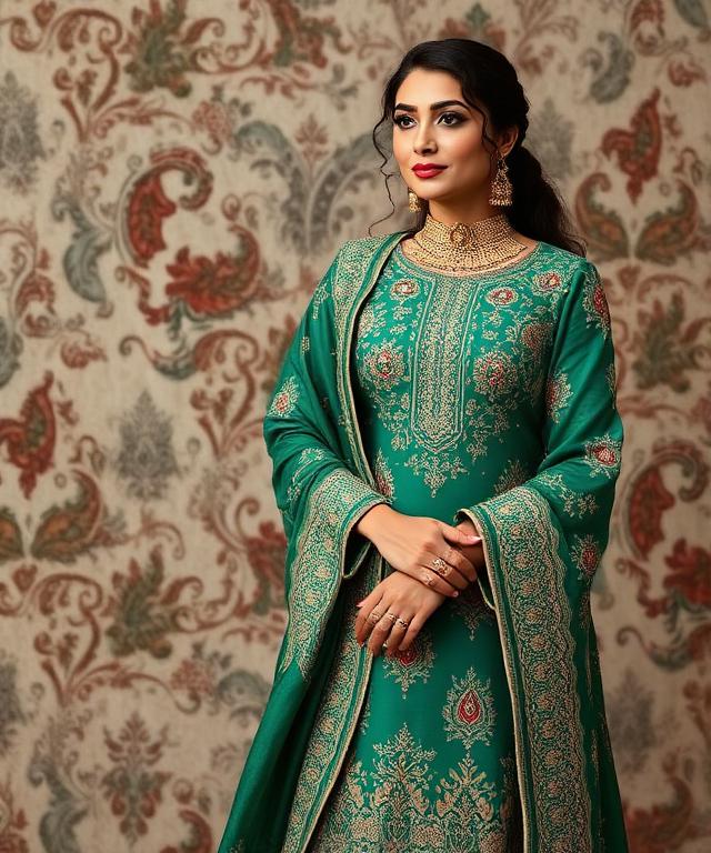 Kashmiri style green suit with paisley motifs and embroidery