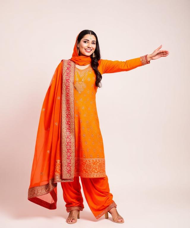 Vibrant orange Punjabi patiala salwar suit with heavy dupatta