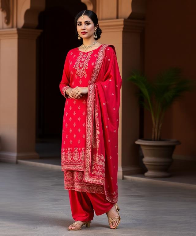 Classic red salwar kameez suit with embroidered dupatta