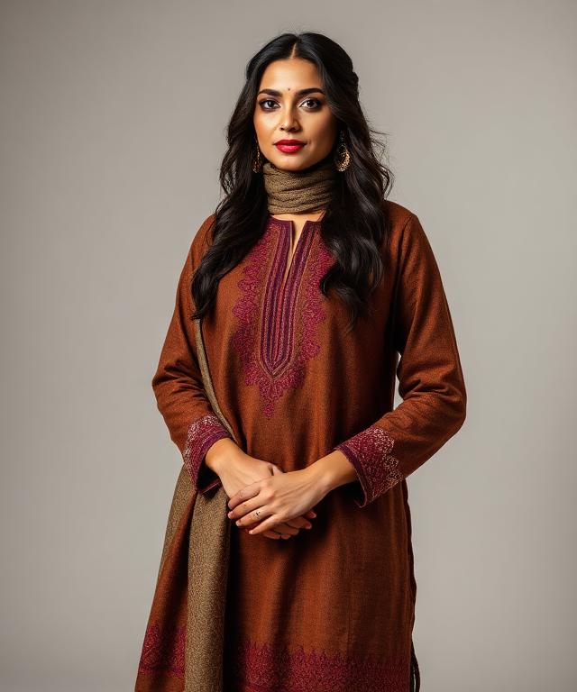Warm brown winter woolen kurta suit with embroidery