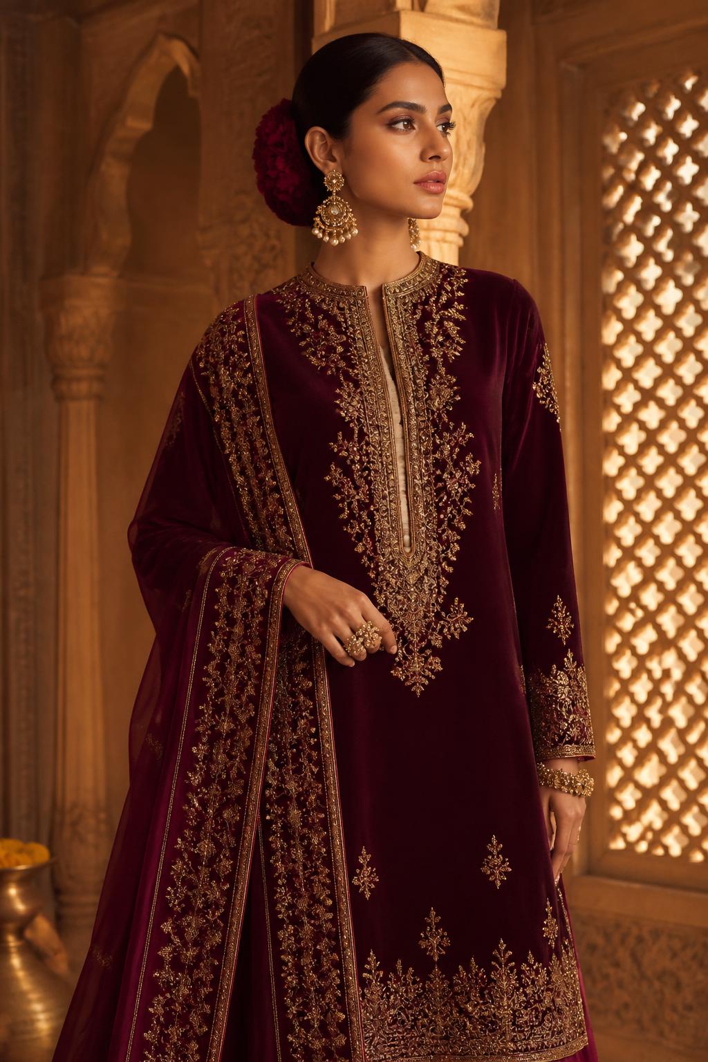 Model wearing maroon and gold embroidered ethnic suit
